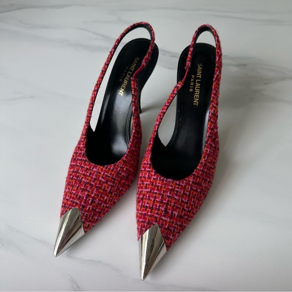 SAINT LAURENT Red Tweed Slingbacks - Picture 5 of 6